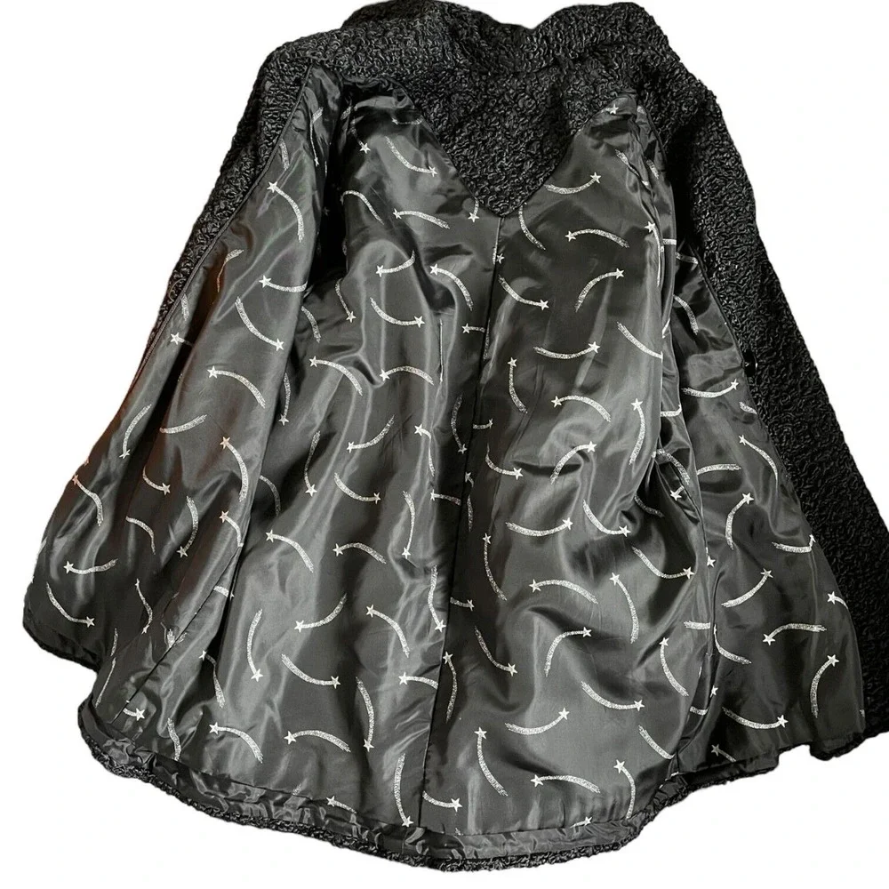 Vintage Faux Curly Persian Lamb Coat Shooting Star Lined Jacket Shawl Collar XXL - Picture 7 of 7